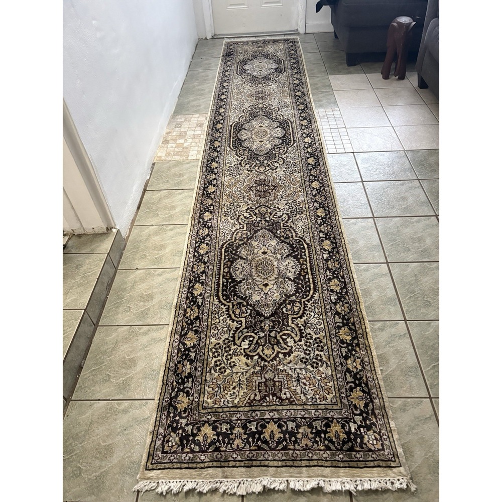 Vintage Silk Traditional Oriental Style Runner Rug Hand-Knotted Classic Decor